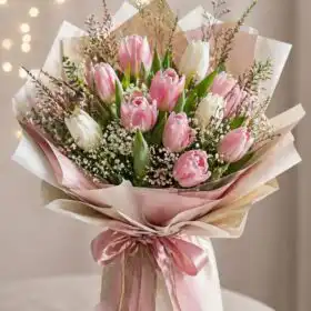 Modern 12 Tulips Flower Bouquet with Baby's Breath
