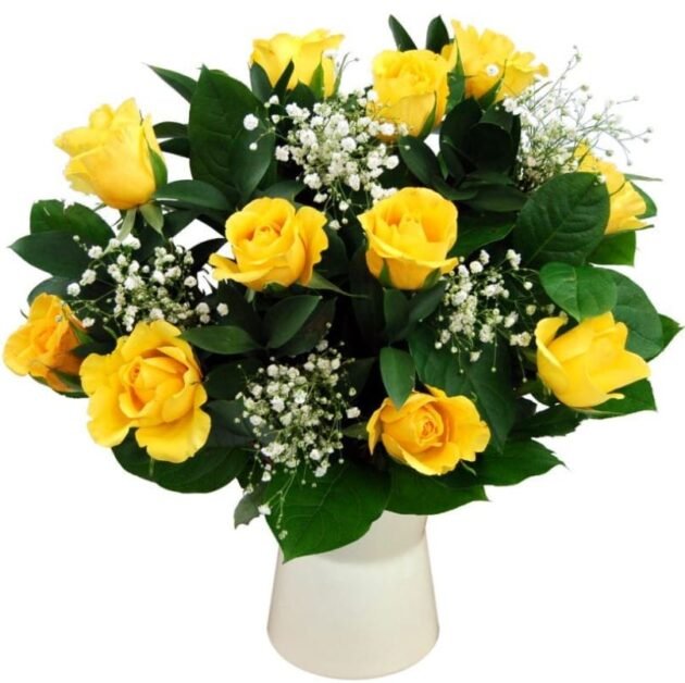 12 Yellow Rose Mother's Day flower bouquet delivery in a man's hand, perfect for gifting on Mother's Day.