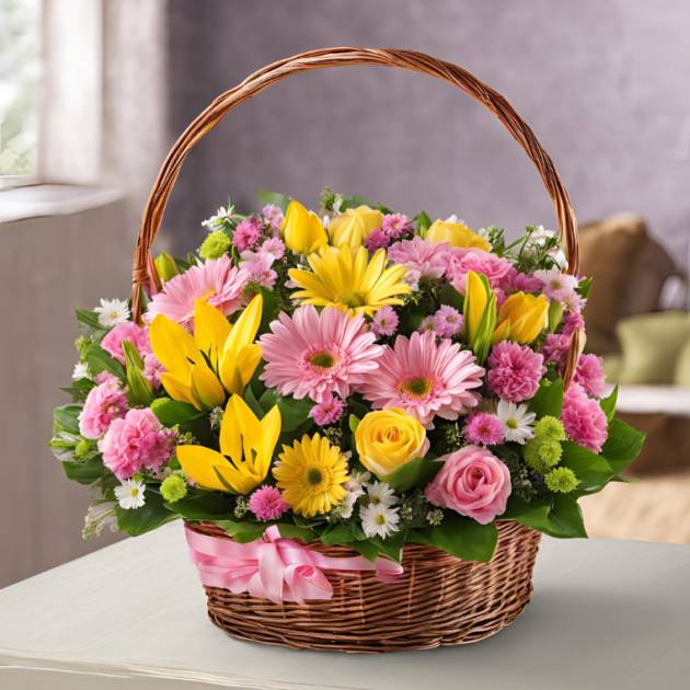 Spring Flowers Basket for Mother's Day Delivery – Fresh Tulips, Daffodils & Lilies