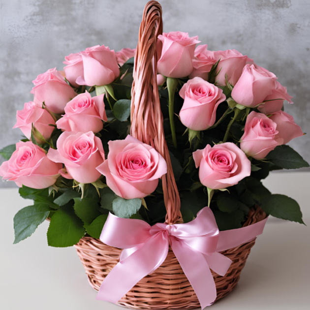 20 Pink Rose Mother's Day flower basket delivery presented by a man