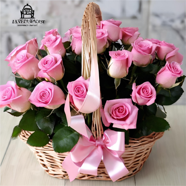 20 Pink Rose Mother's Day flower basket delivery held by a man