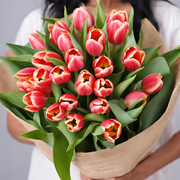 Tulips flowers bouquet for Mother’s Day, fresh vibrant tulips for mom, beautiful floral gift.