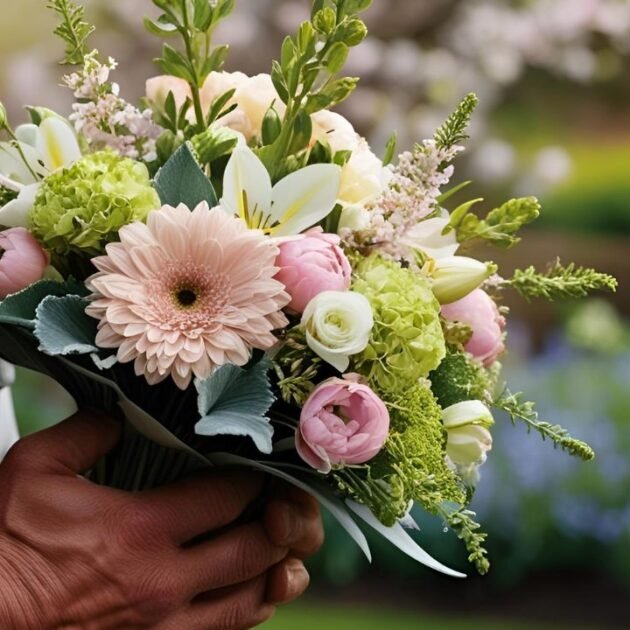 Spring flowers bouquet for Mother’s Day, fresh blooms like tulips and daisies, vibrant floral arrangement for mom.