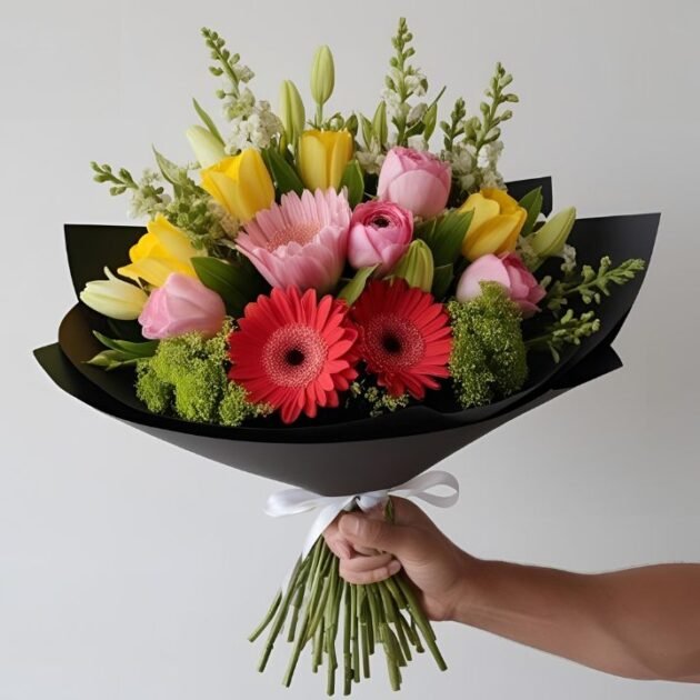 Spring flowers bouquet for Mother’s Day, fresh tulips and daffodils, vibrant floral gift for mom.