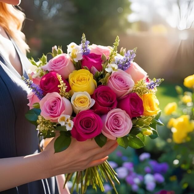 Rose and spring flower bouquet - Fresh roses, tulips, and lilies in a vibrant floral arrangement