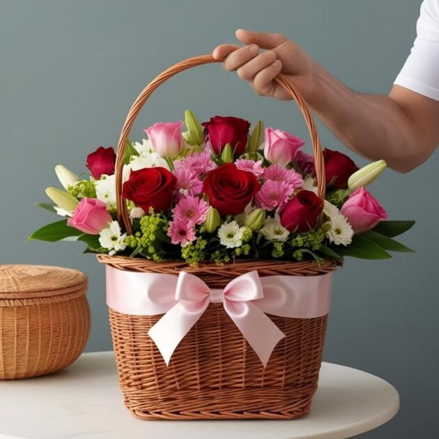 Spring Flowers Basket Delivery – Gorgeous basket of fresh spring flowers including tulips, daffodils, and lilies.