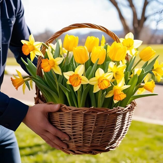 Yellow Tulips and Daffodil Flower Basket – A cheerful arrangement of yellow tulips and daffodils in a decorative basket