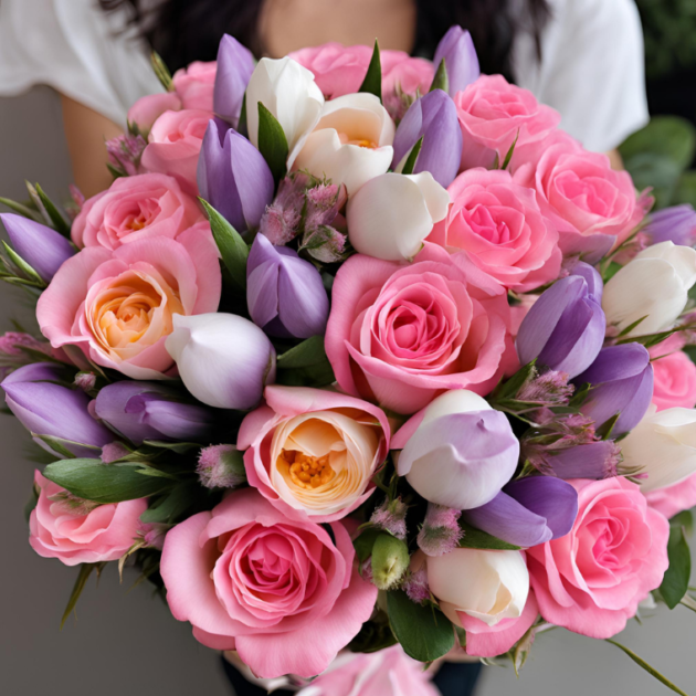 Pink roses and crocus Mothers day flowers bouquet held in a woman's hand, perfect for Mother's Day gifting.