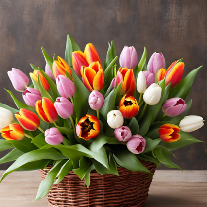 Mothers Day Tulips Hand-Tied Basket for Her - Held in Men's Hands