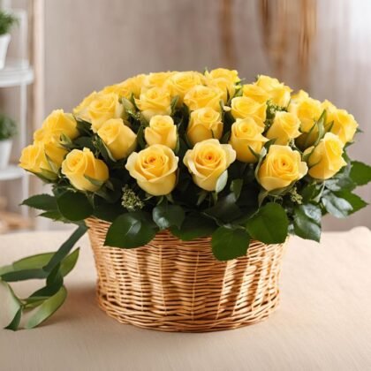 50 Yellow Rose Mother's Day flowers in Basket – Bright and beautiful flowers in a charming basket, perfect for Mother’s Day gifts