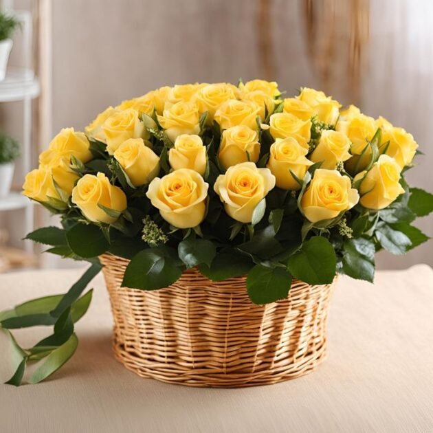 50 Yellow Rose Mother's Day flowers in Basket – Bright and beautiful flowers in a charming basket, perfect for Mother’s Day gifts