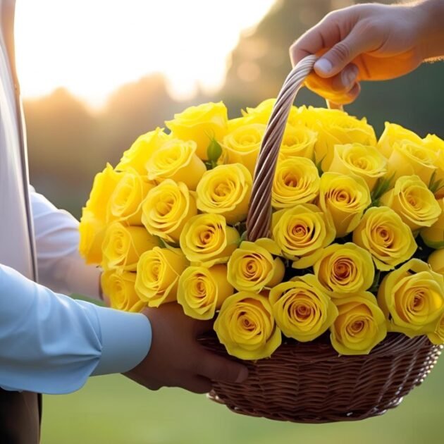 50 Yellow Rose Mother's Day flowers in Basket – A stunning bouquet of yellow roses in a lovely basket, perfect for Mother’s Day celebrations, symbolizing joy and appreciation.