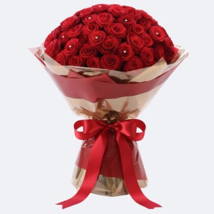 A stunning hand-tied bouquet of 50 luxury red roses with fresh green leaves, ideal for a grand romantic gesture.