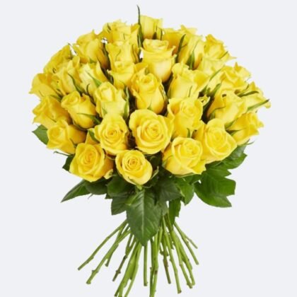 A large 50 yellow roses bouquet hand-tied with vibrant green leaves against a clean white background.