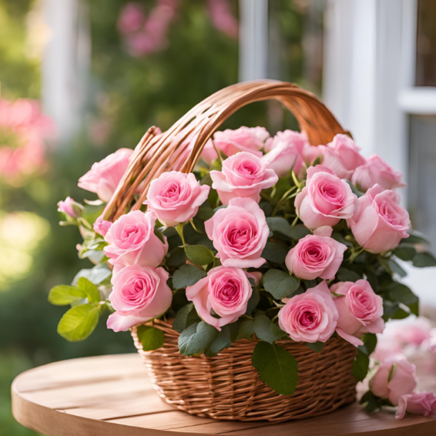 20 Pink Rose Mother's Day flower basket delivery in men's hand