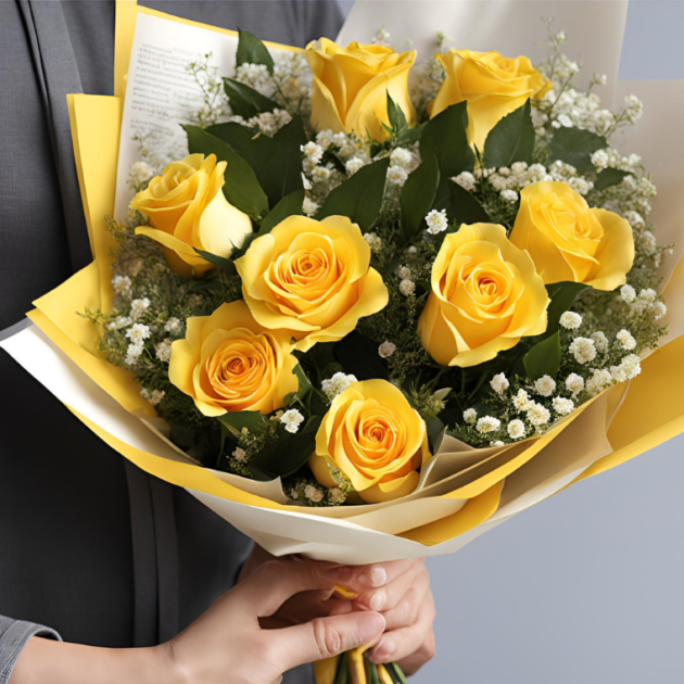 12 Yellow Rose Mother's Day flower bouquet delivery in a man's hand, perfect for gifting.