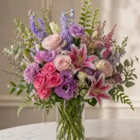 Alstroemeria, Roses, Chrysanthemums  in Glass Vase