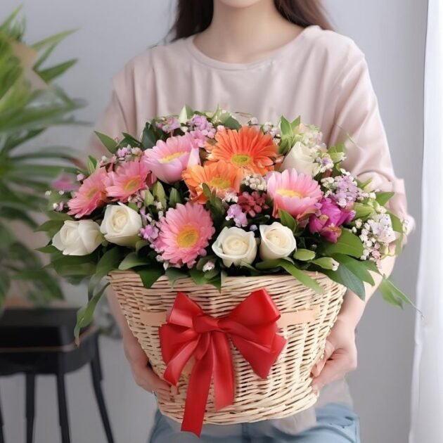 Spring Flowers Basket Delivery – A vibrant basket filled with fresh tulips, daffodils, and lilies, perfect for spring.