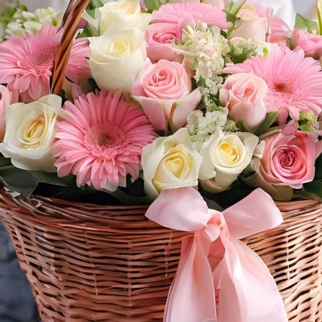 Spring Flowers Basket Delivery – Fresh spring blooms like tulips, daffodils, and lilies arranged in a charming basket.