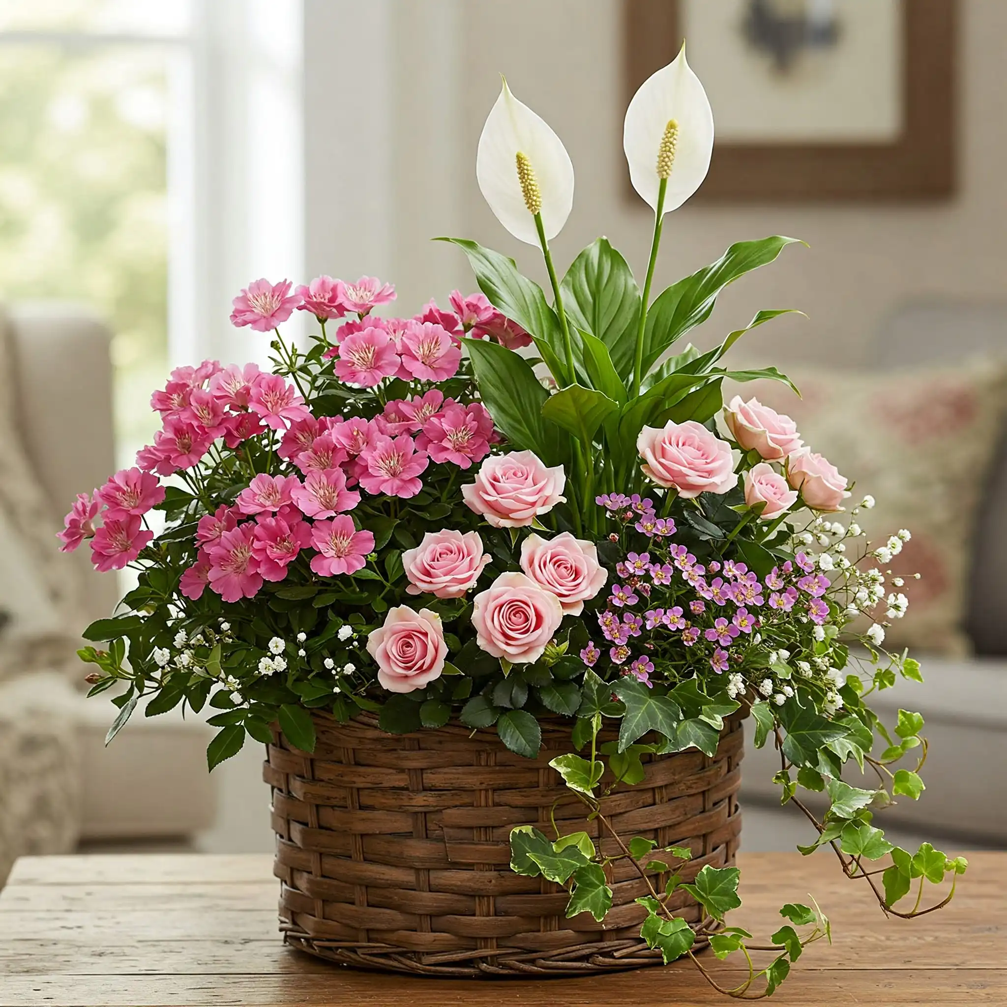 Lily , Rose, Geranium Mix Plants 1 Mixed Flower Basket Plant For Mother's Day Delivery UK