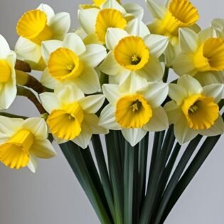 "Bright yellow hand-tied daffodils bouquet for Mother's Day, fresh blooms"