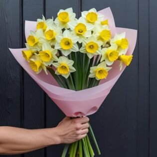 Fresh hand-tied daffodils for Mother's Day gift, bright yellow blooms