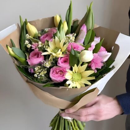 Hand tied Spring Flower Bouquet Delivery for Mother's Day – Fresh Tulips, Daffodils, and Lilies