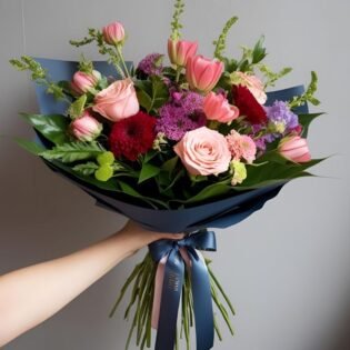 Hand-tied mothers day flowers bouquet held by a woman with elegant roses, lilies, and tulips