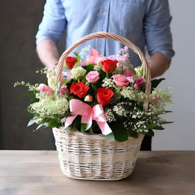 Mother's Day flower baskets Gift UK held by a man, featuring vibrant seasonal blooms in a beautiful basket.