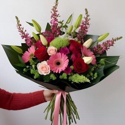 Hand-tied mothers day flowers bouquet in a woman's hand - beautiful roses, lilies, and tulips