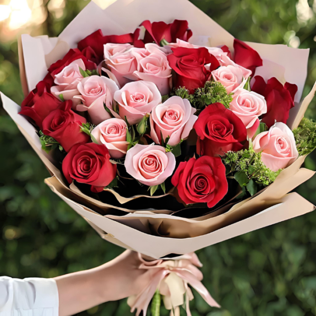 Hand tied rose bouquet mothers day delivery held by a man