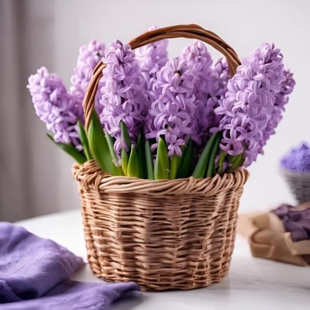 Lilac Hyacinth flowers in Basket for Mother's Day - Fresh, Fragrant Floral Gift for Moms