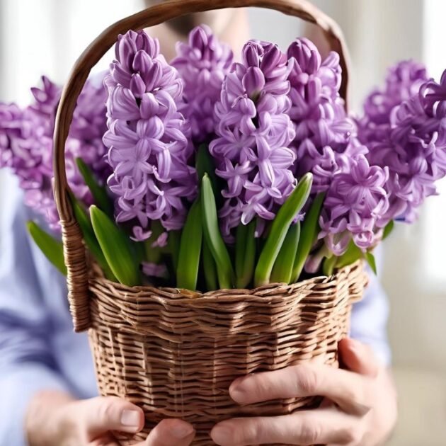 Lilac Hyacinth flowers in Basket for Mothers Day - Beautiful, Fragrant Gift for Moms