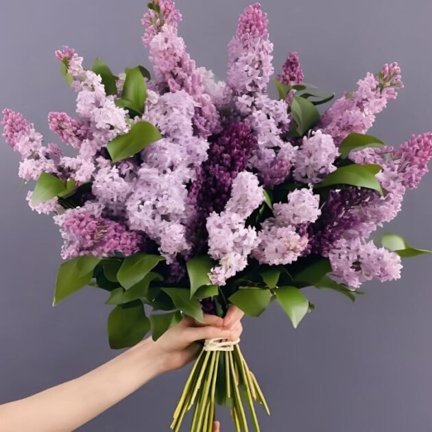 Lilac Spring Flower Bouquet for Mother's Day held in a woman's hand.