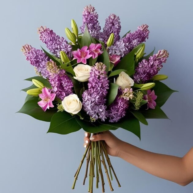 Fresh Lilac Spring Flower Bouquet for Mother's Day in a woman's hand.