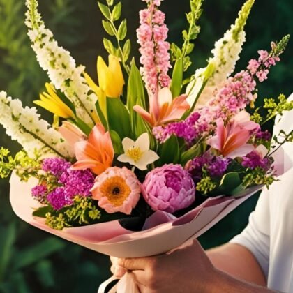 Mother's Day Spring flowers Hand tied Bouquet UK held in a man's hand, featuring vibrant roses and tulips.