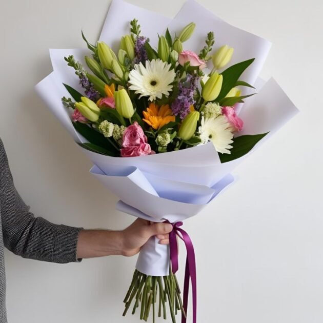 Mother's Day Spring flowers Hand tied Bouquet UK held by a man, featuring a beautiful mix of spring blooms.