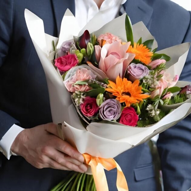 Mother's Day flower gift delivery London, bouquet in men's hand