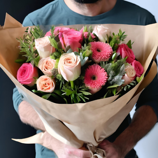 Mother's Day flower gift delivery London, bouquet held by man