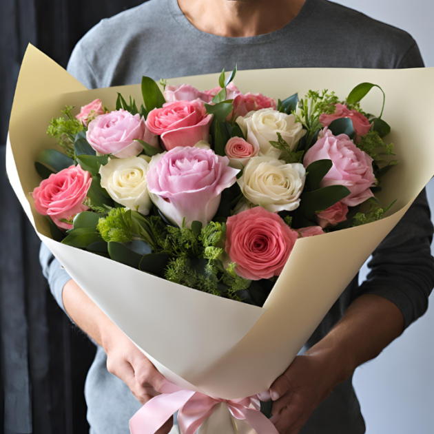 Mother's Day flower gift delivery London, bouquet in men's hand