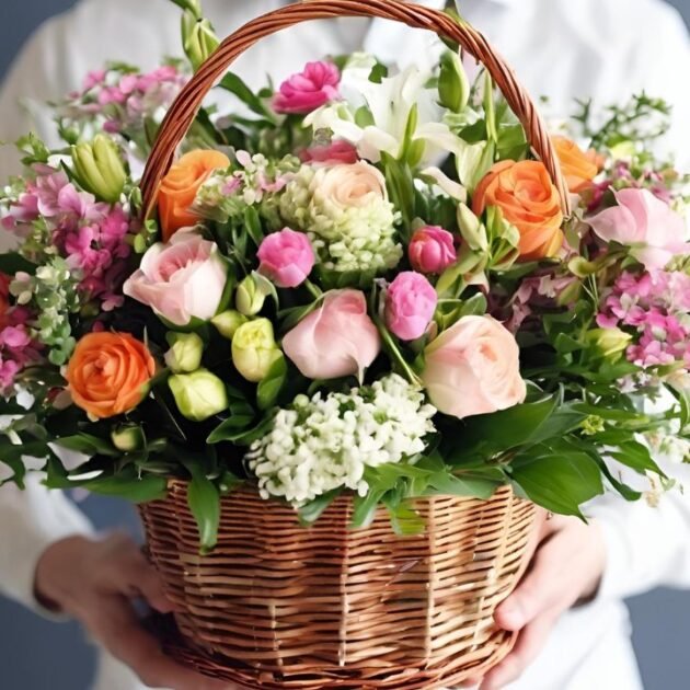 Mother's Day flower baskets Gift UK held by a man, featuring fresh seasonal blooms in a stylish basket.