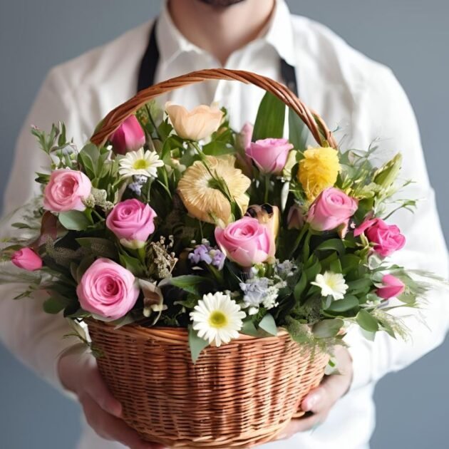 Mother's Day flower baskets Gift UK held by a man, filled with colorful fresh flowers in a decorative basket.