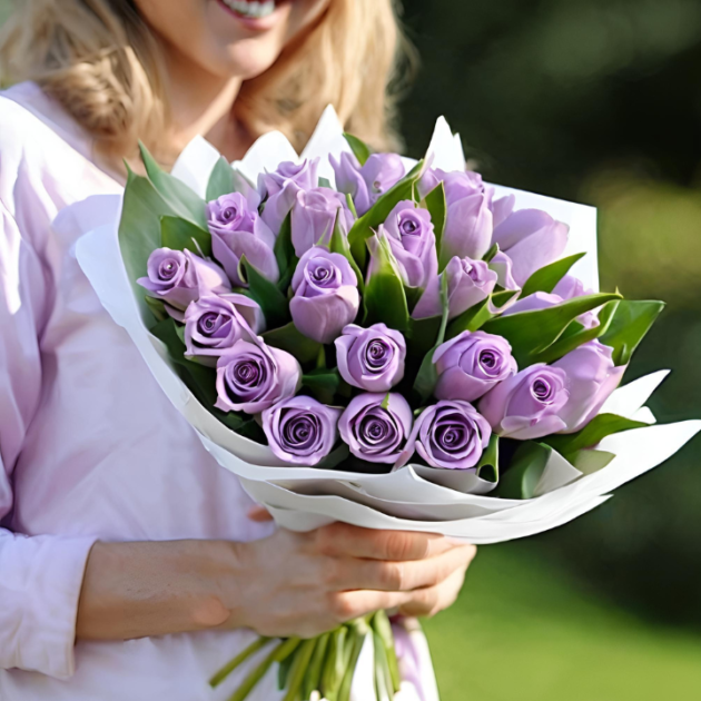 "Elegant lilac roses and tulips flower bouquet, beautifully arranged and fresh"