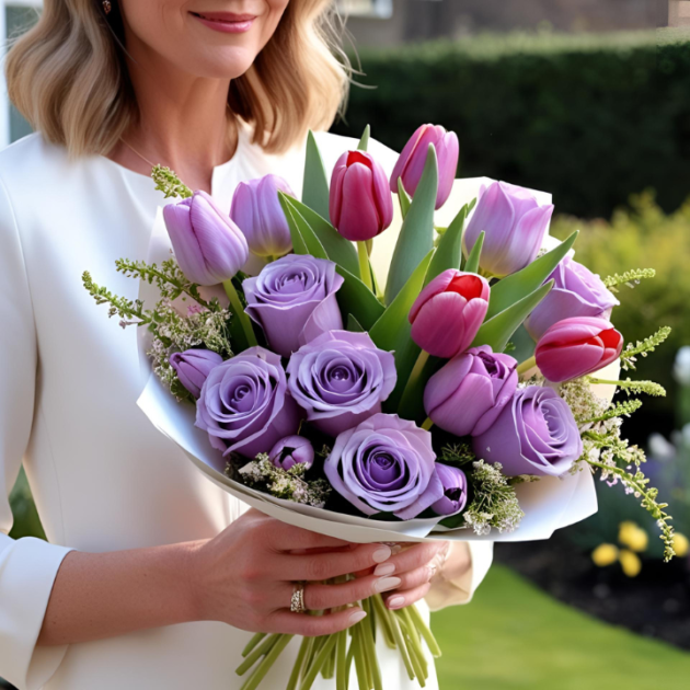 Mother's Day lilac roses and tulips flower bouquets UK with vibrant blooms for next day delivery