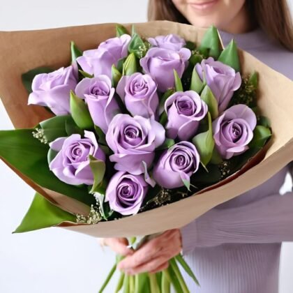 "Fresh lilac roses and tulips bouquet, vibrant and elegantly arranged"