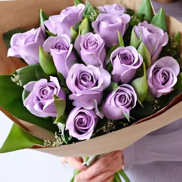 Lilac roses and tulips flower bouquet, fresh and vibrant arrangement