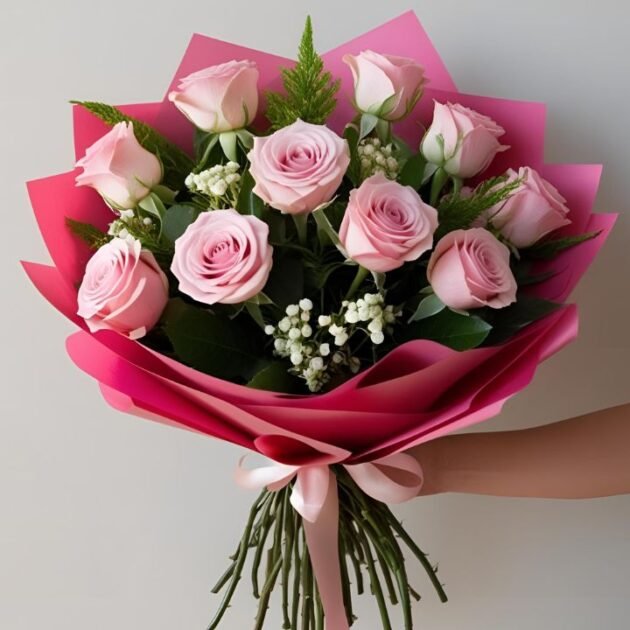 Mothers day roses hand tied bouquet for her, hand tied in women’s hand, fresh roses bouquet for Mother’s Day.