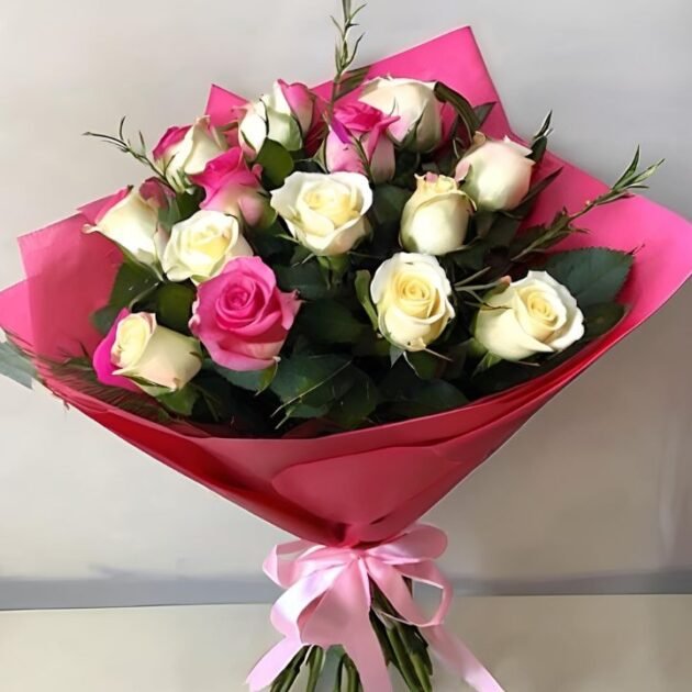 Mothers Day Roses Hand Tied Bouquet for Her, hand tied in a woman’s hand, elegant rose arrangement for Mother's Day.