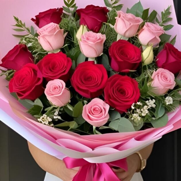 Mothers day roses hand tied bouquet for her, hand tied in woman’s hand, fresh roses bouquet for Mother’s Day.