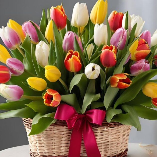 Beautiful Mothers Day Tulips Hand-Tied Basket for Her - Presented in Men's Hands